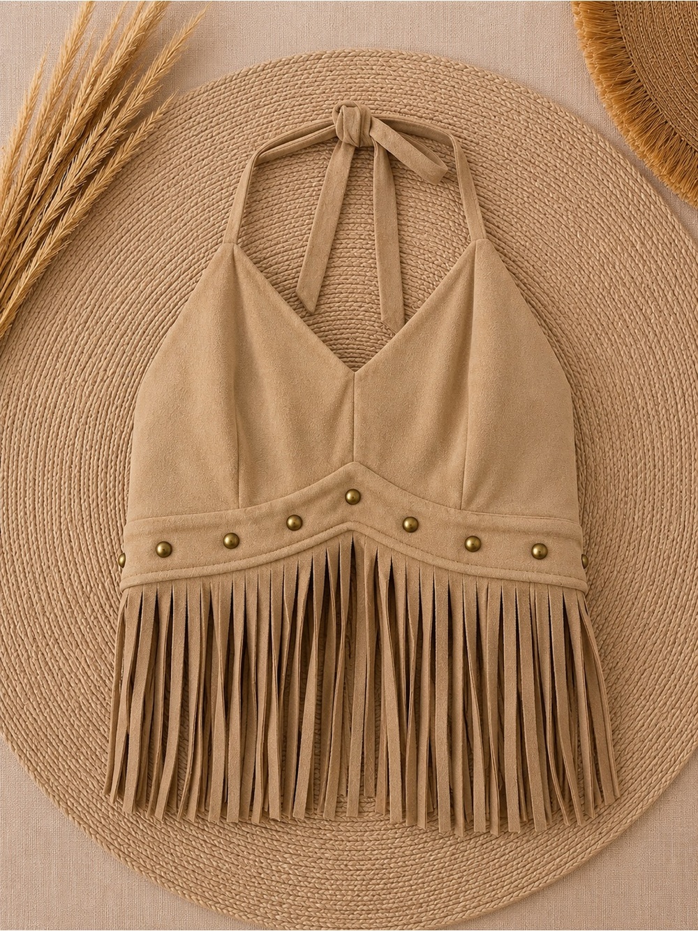 SHEIN Tan Fringe Halter Crop Top with Stud Detail